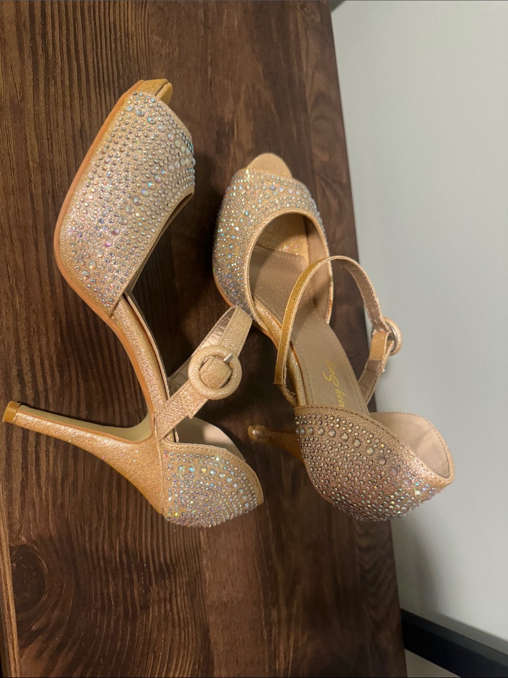 Crystal Embellished Gold High Heel Sandals with Ankle Strap